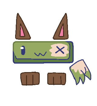 Green rectangle with 2 brown fox ears, 2 brown feet, 1 green hand with a beige scar, 1 blue eye and 1 scarred eye.