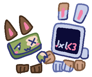 Button and Code holding hands. They're both blushing and Code is displaying a heart on nym face.