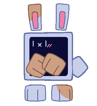 Black square with a light blue border, 2 bunny ears, 2 feet, 2 brown paws and a light blue square tail.