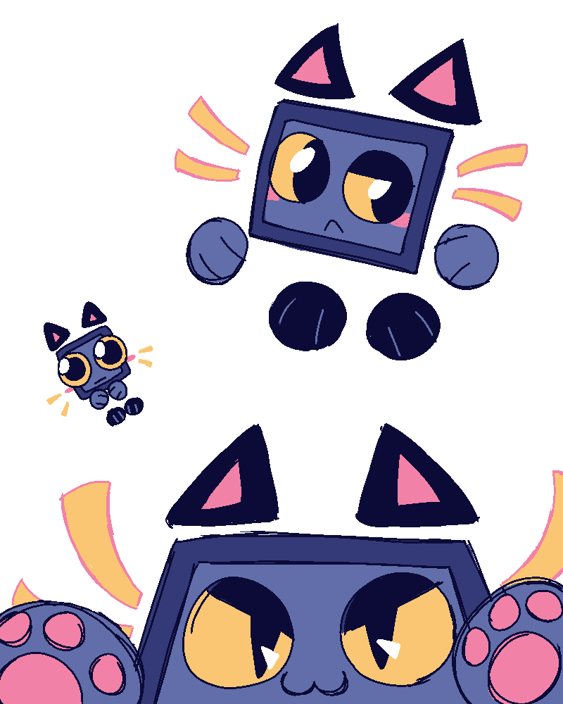 3 drawings of Div. The first is her curiously looking to the side. The second is really small, with her eyes drawn big and round with a blank expression. The third is on the bottom of the art page. It is a closeup of her face and paws, looking like she's about to grab the viewer.