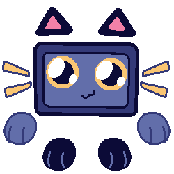 A blue square with 2 black cat ears, 2 blue paws and 2 black feet, big shiny yellow eyes and 2 pairs of yellow whiskers