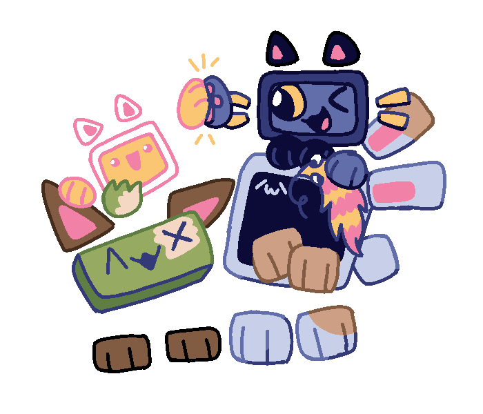 A drawing of Div, Span, Button and Code. Button is holding up Span with xir hand, and Div is sitting on top of Code while holding a pink and yellow worm on a string. Div and Span are high-fiving.