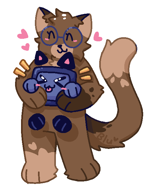 A brown anthropomorphic cat with round blue glasses hugging Div with both arms. They both have happy expressions.