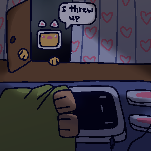 Code's room at night. Span is holding the door open with one paw, saying 'I threw up'. Code, laying in bed, is looking straight up with a blank expression.