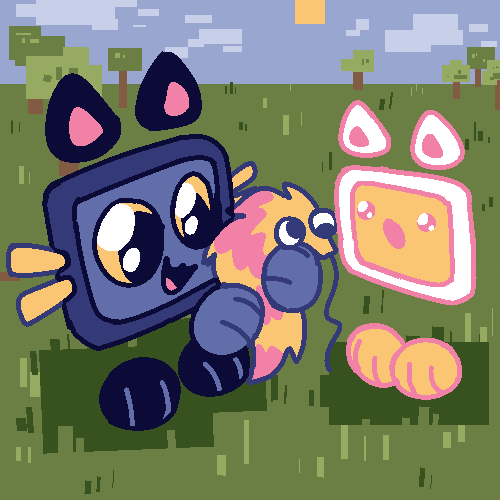 Div and Span outside in the grass. Div is excitedly showing Span her worm on a string while Span is looking, amazed.