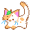 White cat with orange spots and a leaf on it's head.