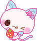 White cat with blue ears and tail holding a red strawberry