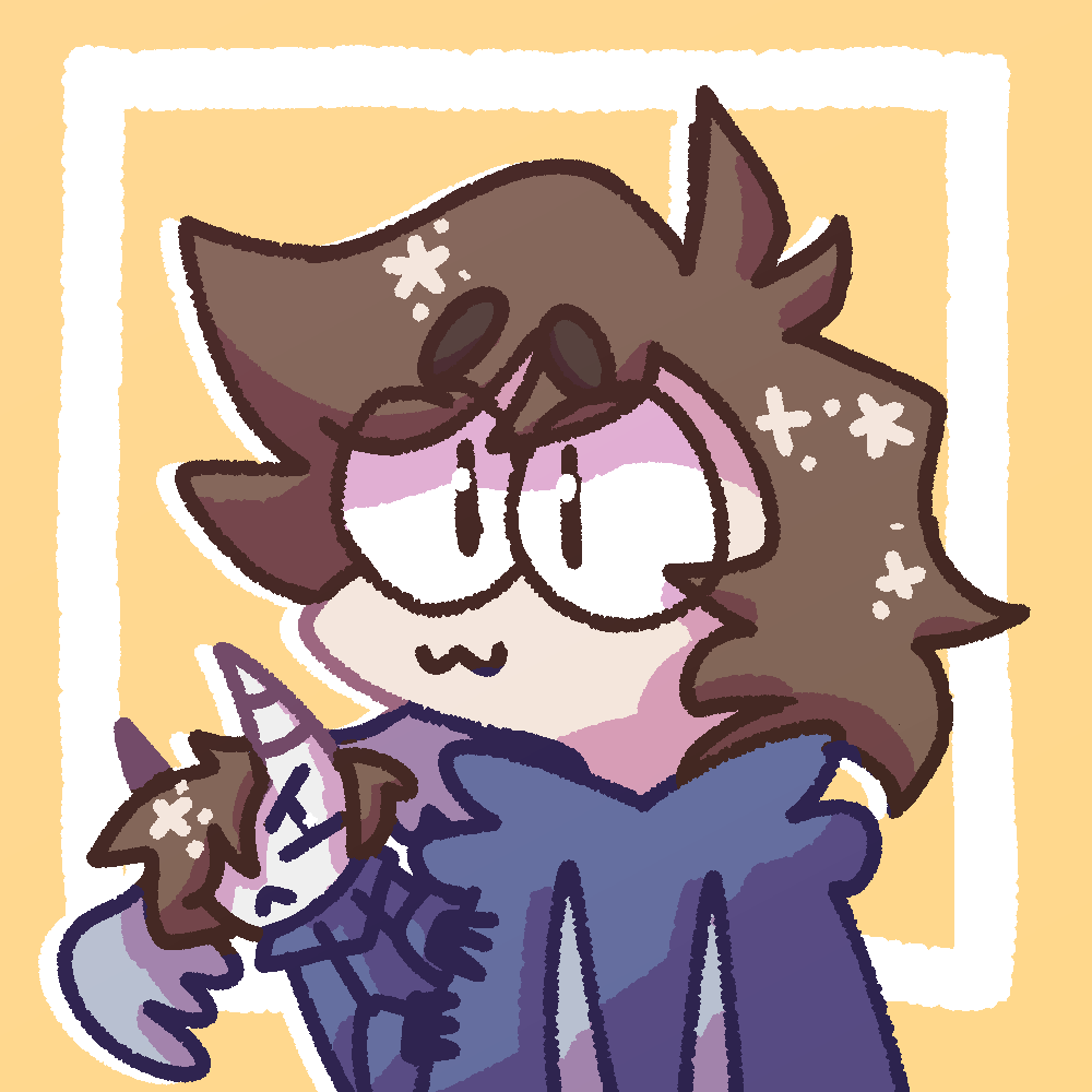 A drawing of a girl from the waist up. She has light skin, 
                shoulder length brown hair is wearing a blue hoodie. She is looking nervously at the viewer. 
                A small demon with short brown hair, light blue wings on his head, and wearing the same colored 
                blue hoodie is peeking out from behind her shoulder. He is looking suspiciously at the viewer.