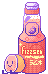 Pink lemonade ramune bottle. A small figurine of a slice lemon is sitting next to it.