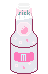 Very light gray-ish blue ramune bottle. It has a pink label with an 'm' on it.