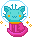Turqoise alien cat wearing a magenta spacesuit.