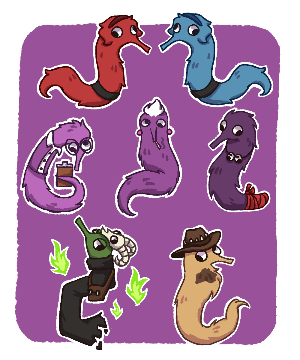 Scout's mom, Miss Pauling, Administrator, Zhanna, Merasmus and Saxton Hale as worms on a string on a purple background.