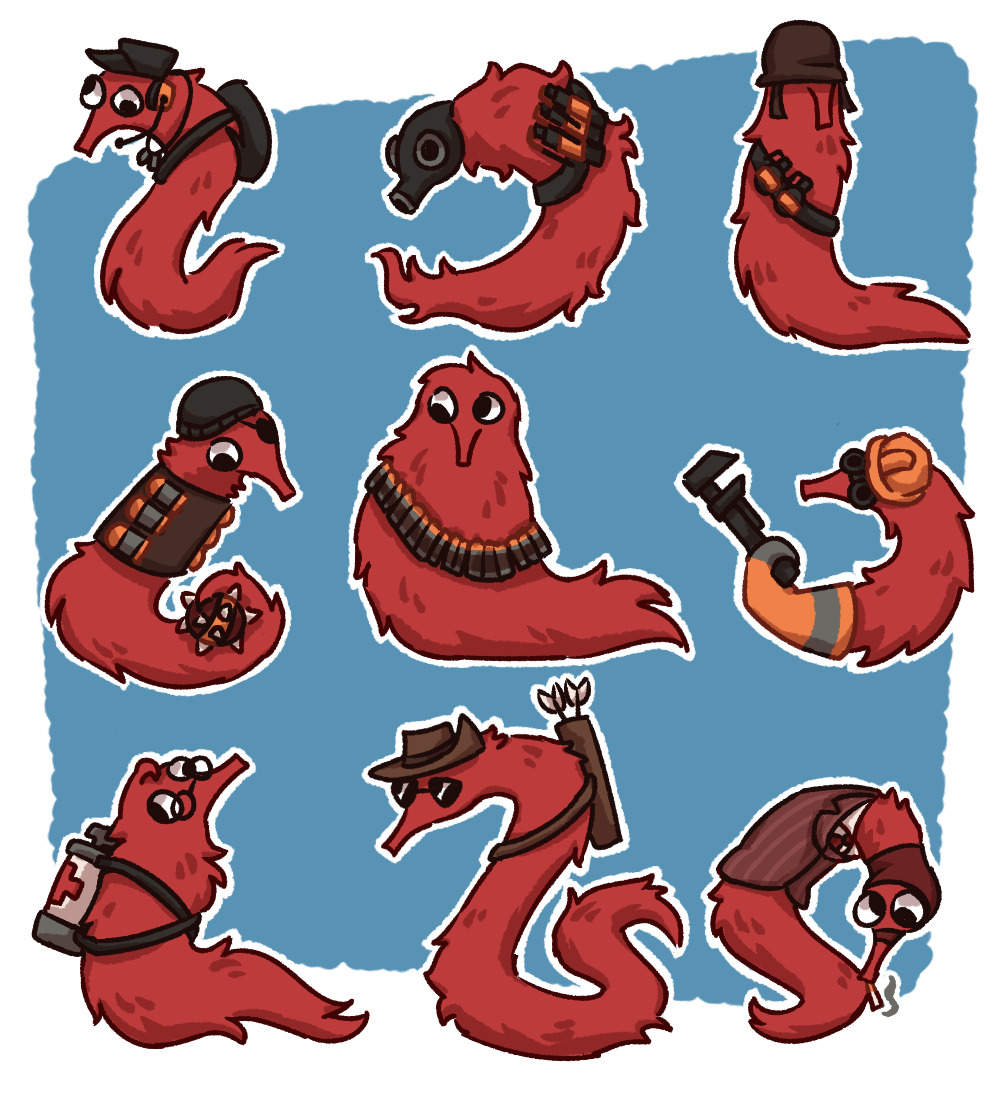 The 9 RED TF2 mercenaries as worms on a string on a blue background.