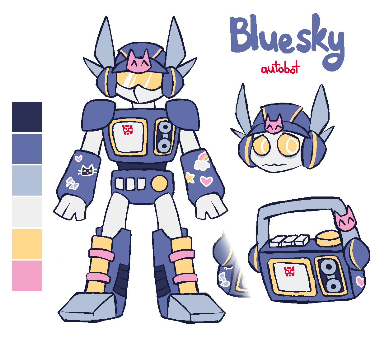 Bluesky as an Autobot. She has a red Autobot symbol on her chest. Both her arms are covered in stickers.