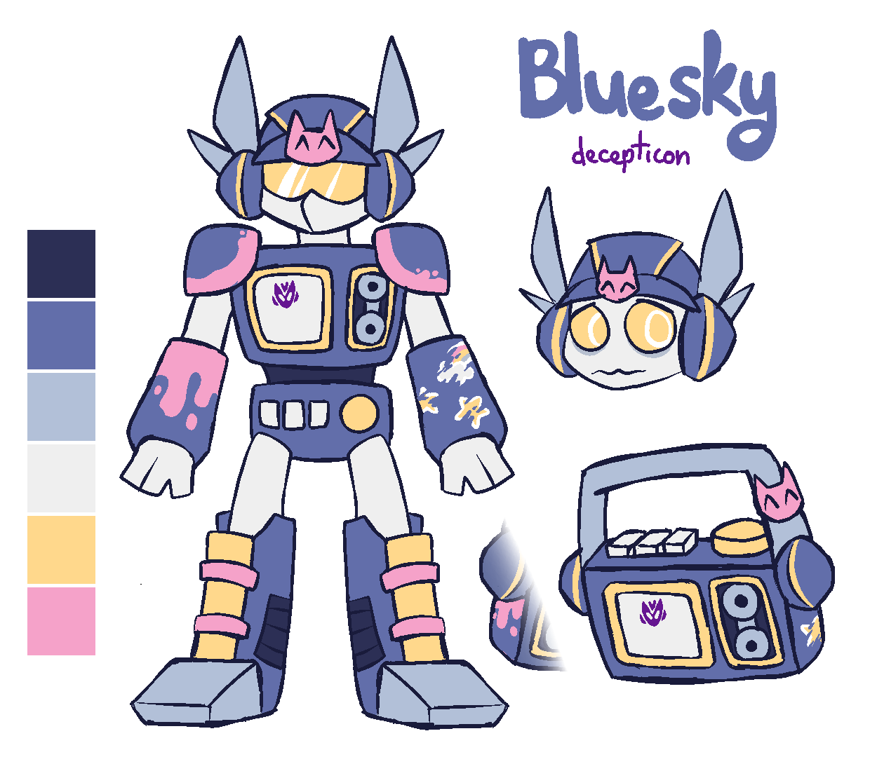 Bluesky as a Decepticon. She has a purple Decepticon symbol on her chest. Both her shoulders have a pink stripe painted on the bottom.